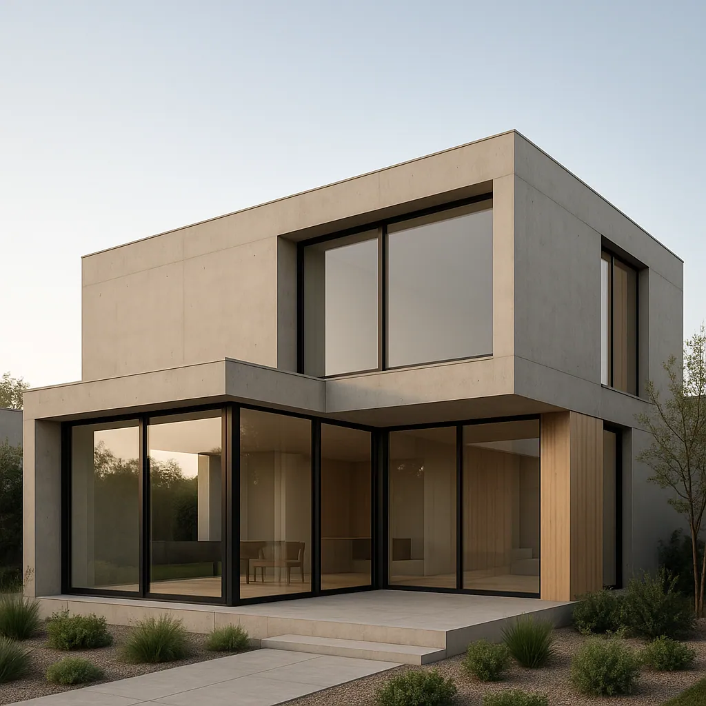 Casa Calma à Aix-les-Bains : maison contemporaine aux teintes sable et menuiseries fines.