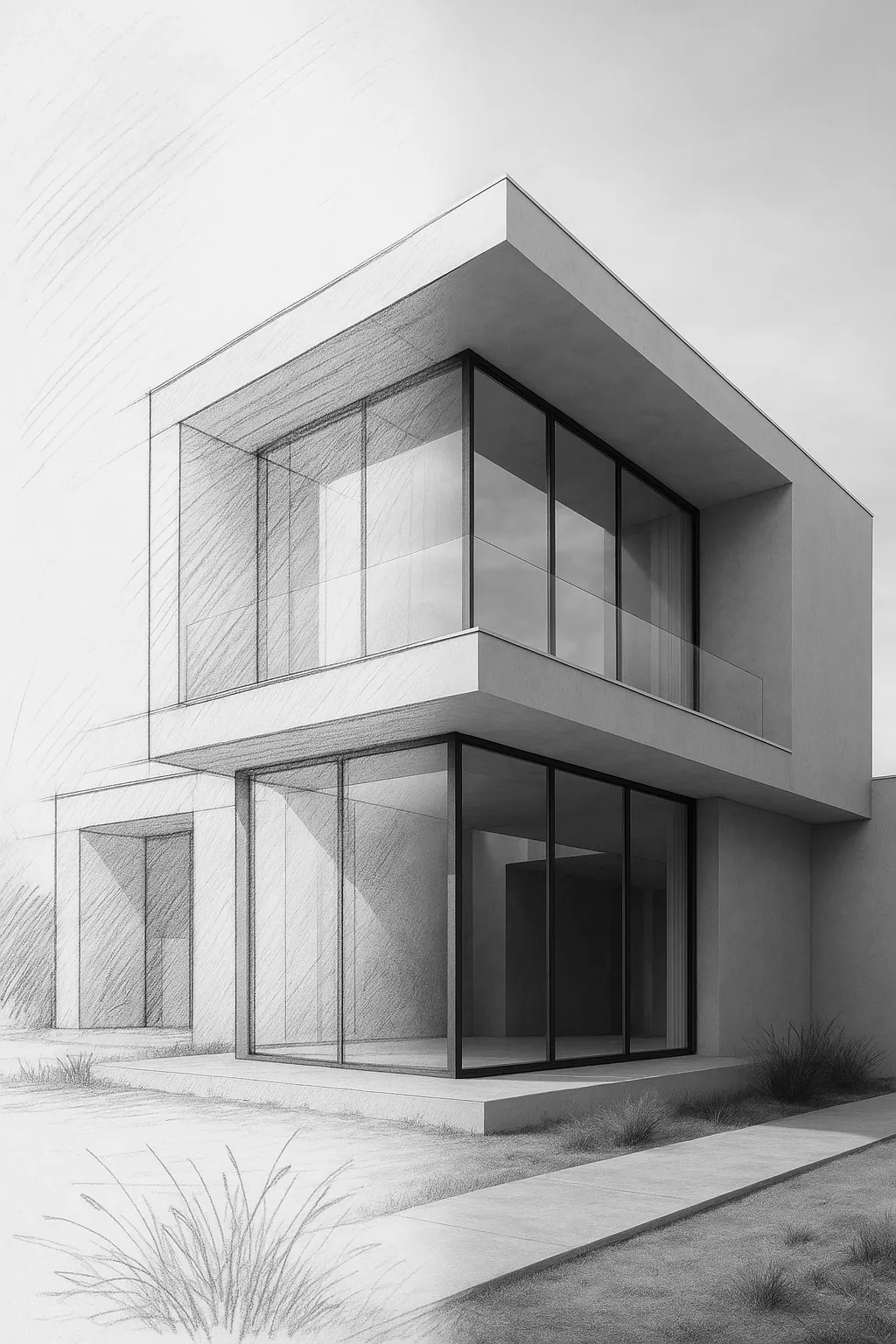 Esquisse au crayon de la maison, dessinée au trait.