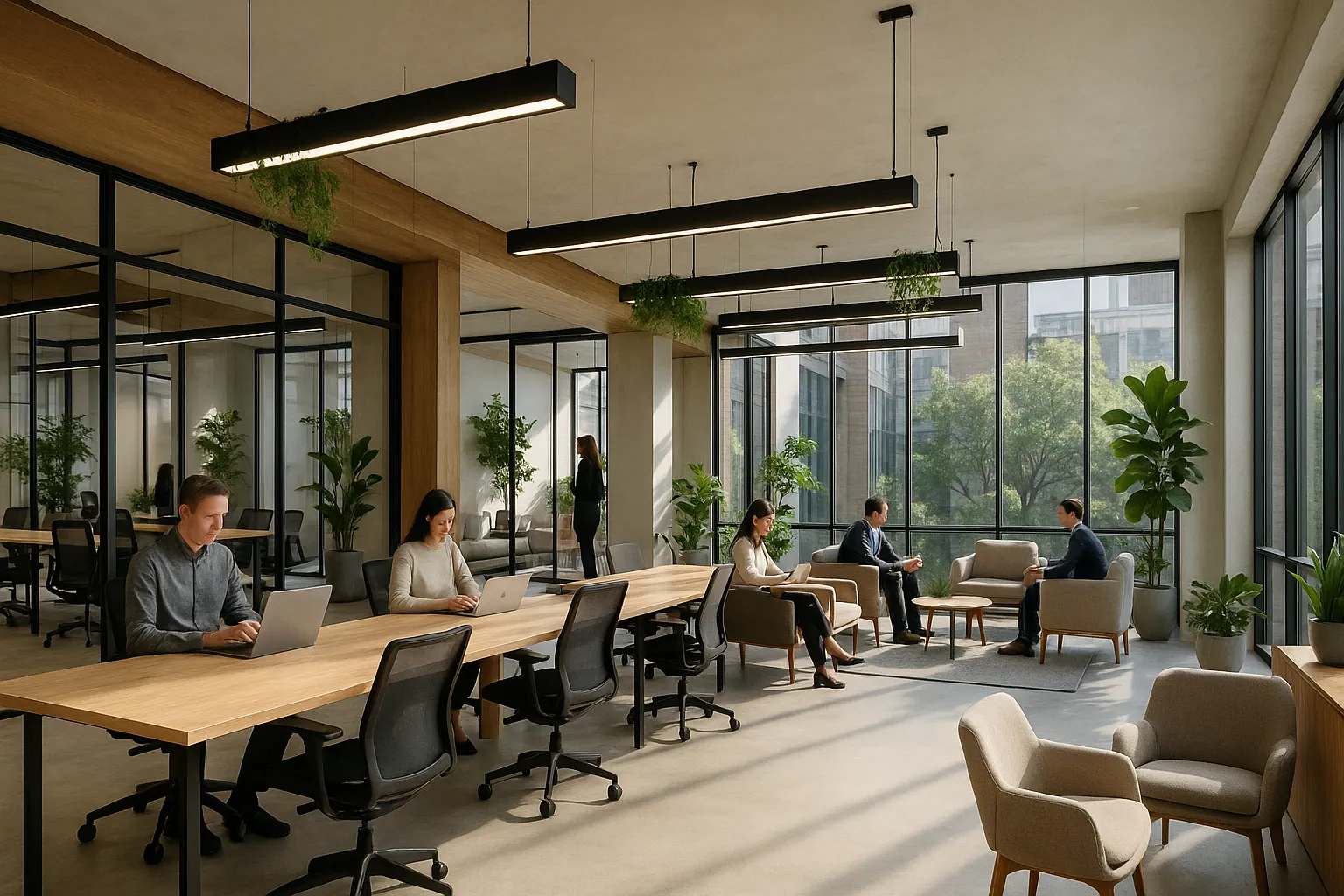 Espace 72 à Lyon : plateau de bureaux contemporain, grandes tables en bois et végétation.