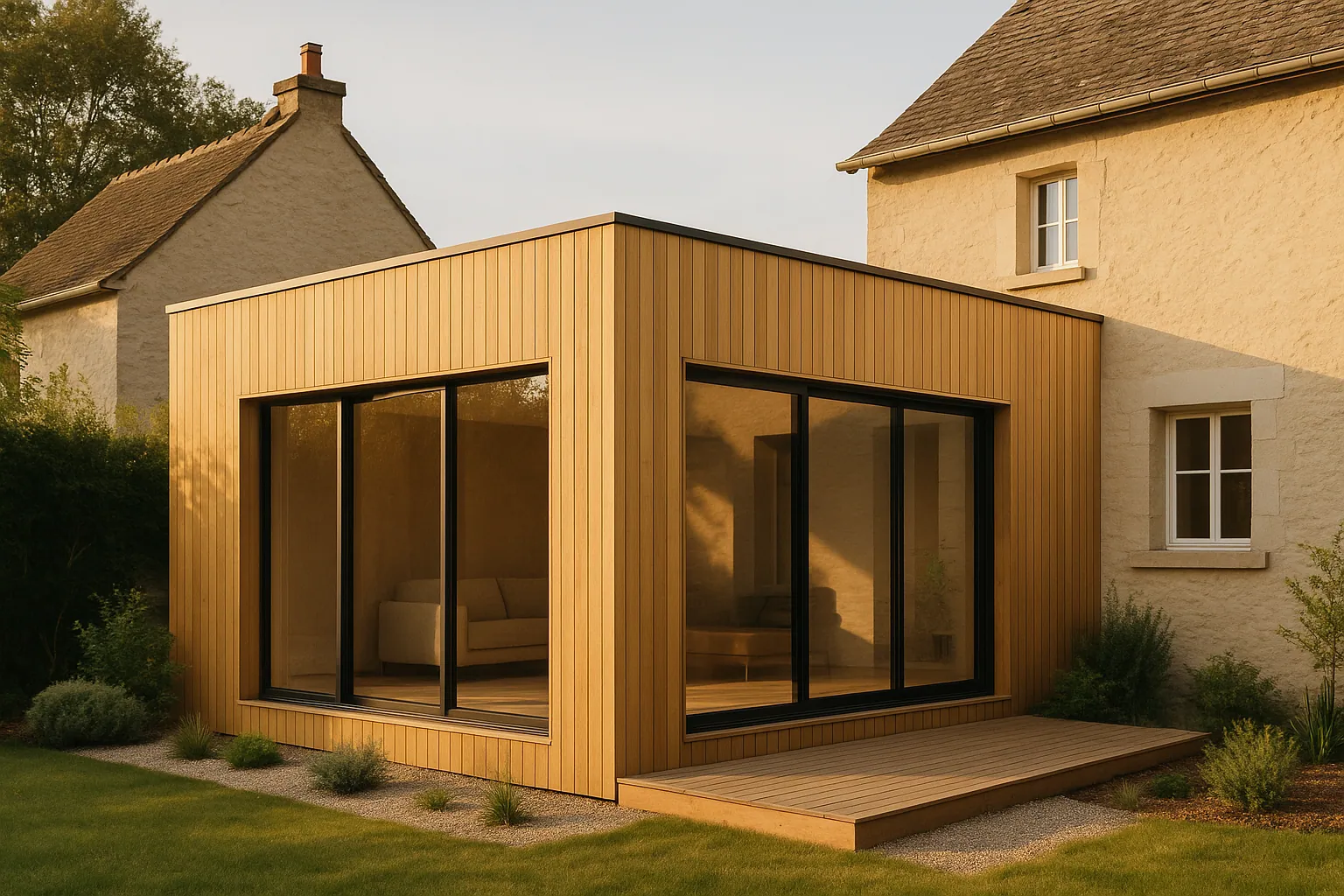 Horizon Bois à Écully : extension contemporaine en bois greffée sur une maison de pierre, à l’heure dorée.