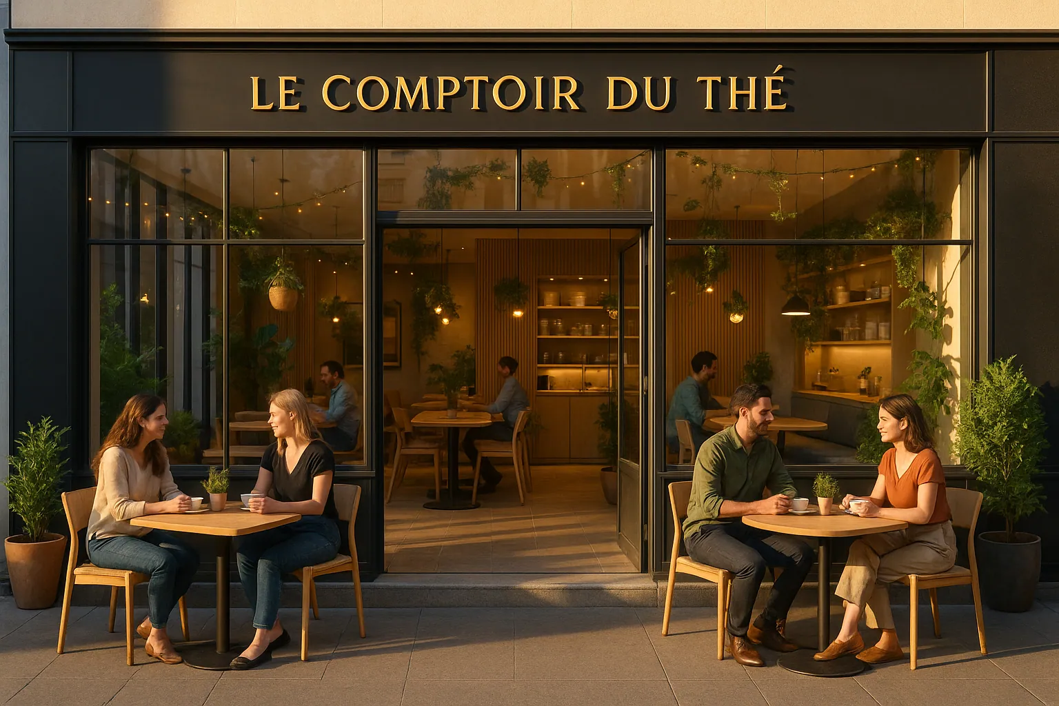 Le Comptoir du Thé à Alès : devanture sombre à lettrage doré, intérieur chaleureux à la tombée du jour.