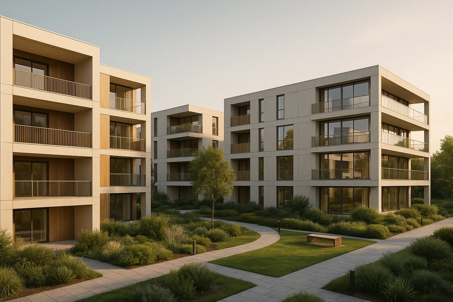 Lisière à Caluire-et-Cuire : petit collectif de logements et jardins paysagers à l’heure dorée.